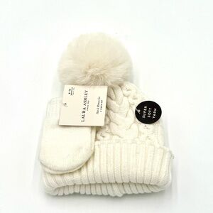 Laura Ashley White Knit Hat and Mittens Set for Kids